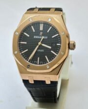 Audemars Piguet Royal Oak Rose Gold Black Leather Strap Swiss Automatic Watch - Image 2